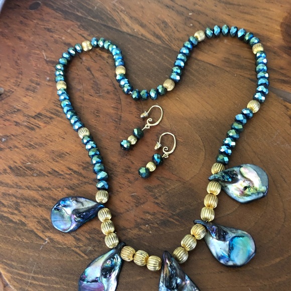VTG  ABALONE NECKLACE W/ GOLD & GLASS FACETED BEADS 22" & MATCHING EARRINGS SET - Picture 12 of 17